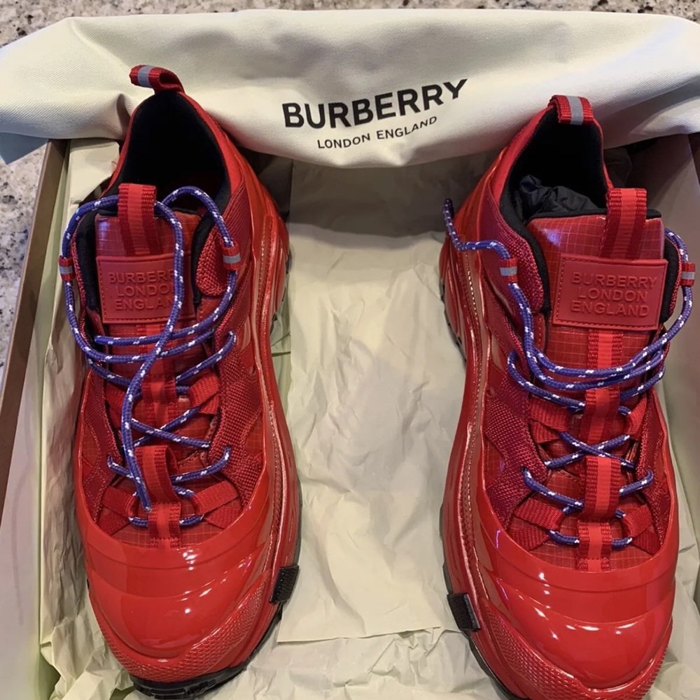Authentic Burberry Men's Nylon splice leather lace-up sneakers red with box